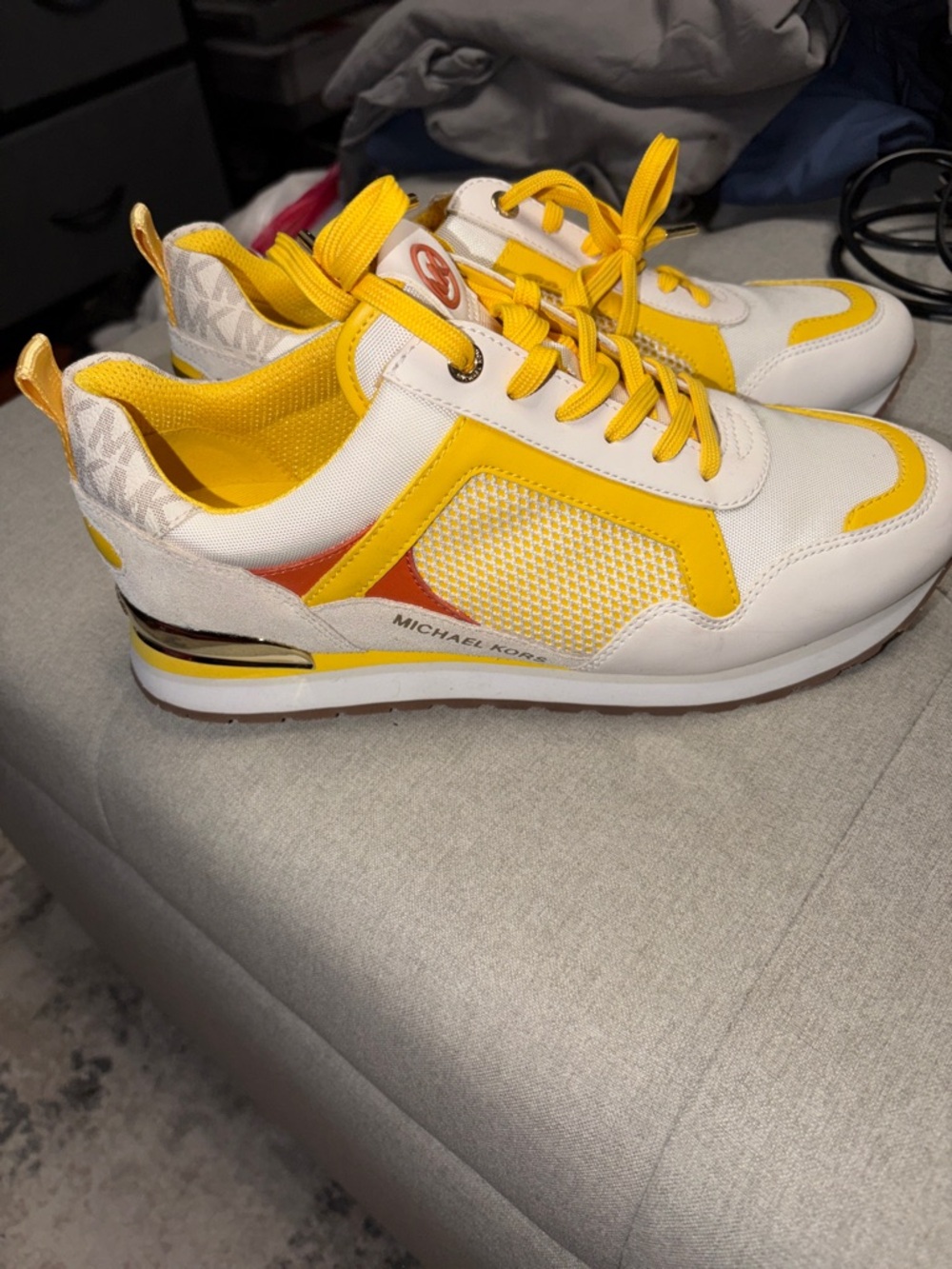 Michael Kors White and Yellow Knit Lace-Up Sneakers - Picture 2 of 4